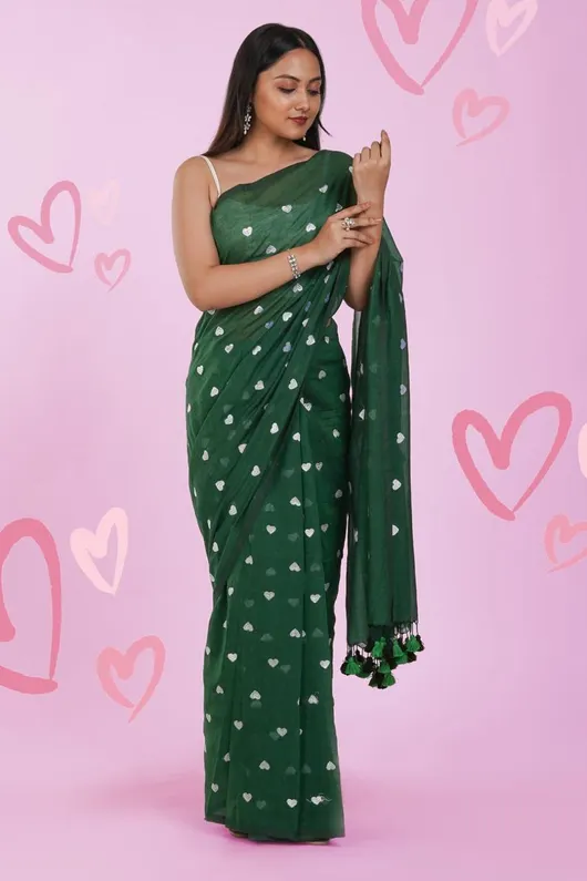 Green With White Heart Embroidered Soft Khadi Cotton Saree for Women, Party, Wedding, Bridal